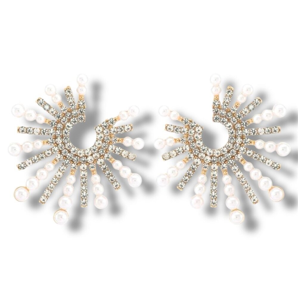 Art Deco Themed Gold Tone Earrings with Clear Crystal and Simulated Pearls NEW